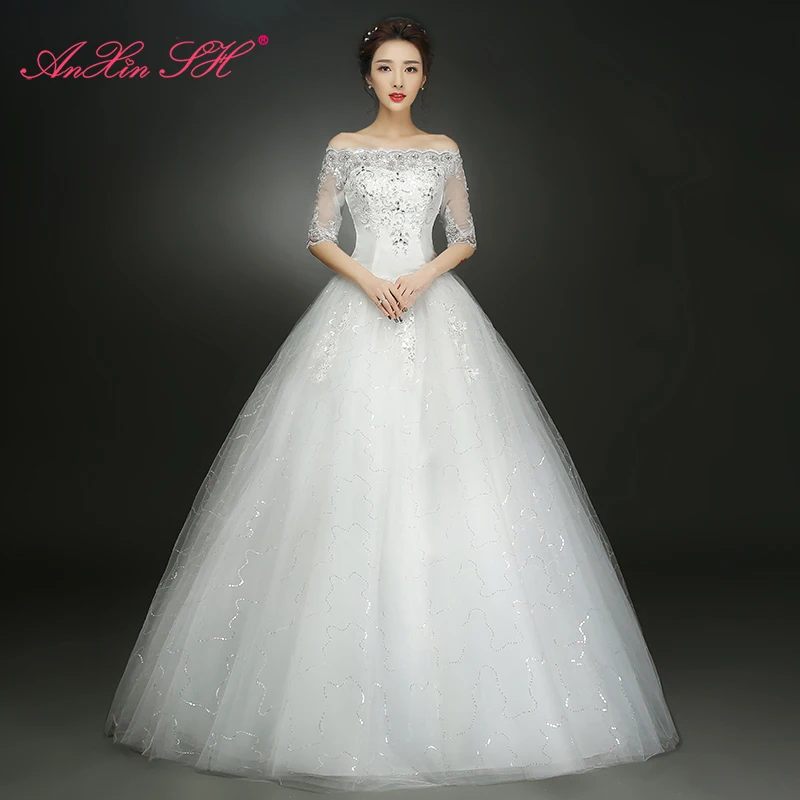 

AnXin SH Flower princess white lace wedding dress vintage party princess boat neck half sleeve beading red lace wedding dress