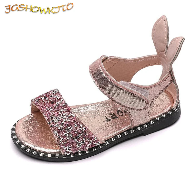 Fashion Kids Sandals For Toddlers Girls Big Children Bling Rhinestone Shiny With Rabbit Ear Soft Princess Sweet Beach Shoes Cute