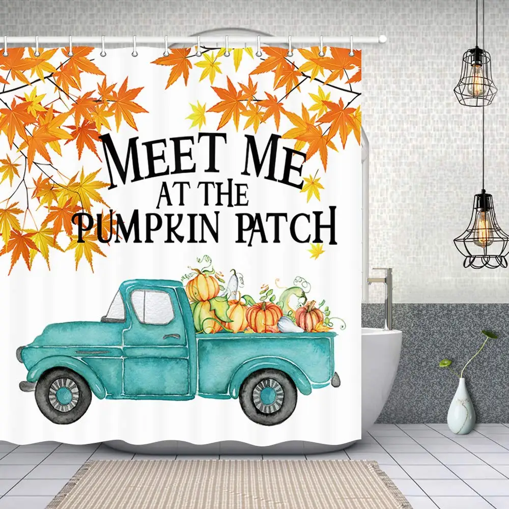 Autumn Meet Me at The Pumpkin Patch Shower Curtain for Bathroom Rustic Blue Car Truck Pickup Pumpkin with Fall Leaves