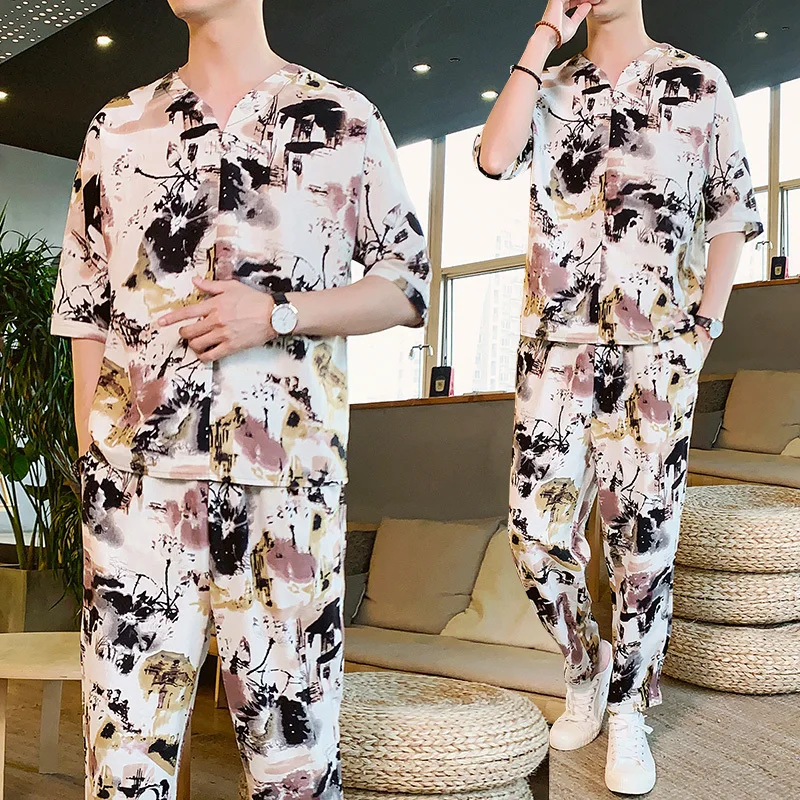 Style Summer Chinese Sweatsuit Men Short Set Jogginganzug Herren Contrast Mens Set 2 Piece Set Men Moda Hombre Tracksuit Men Set