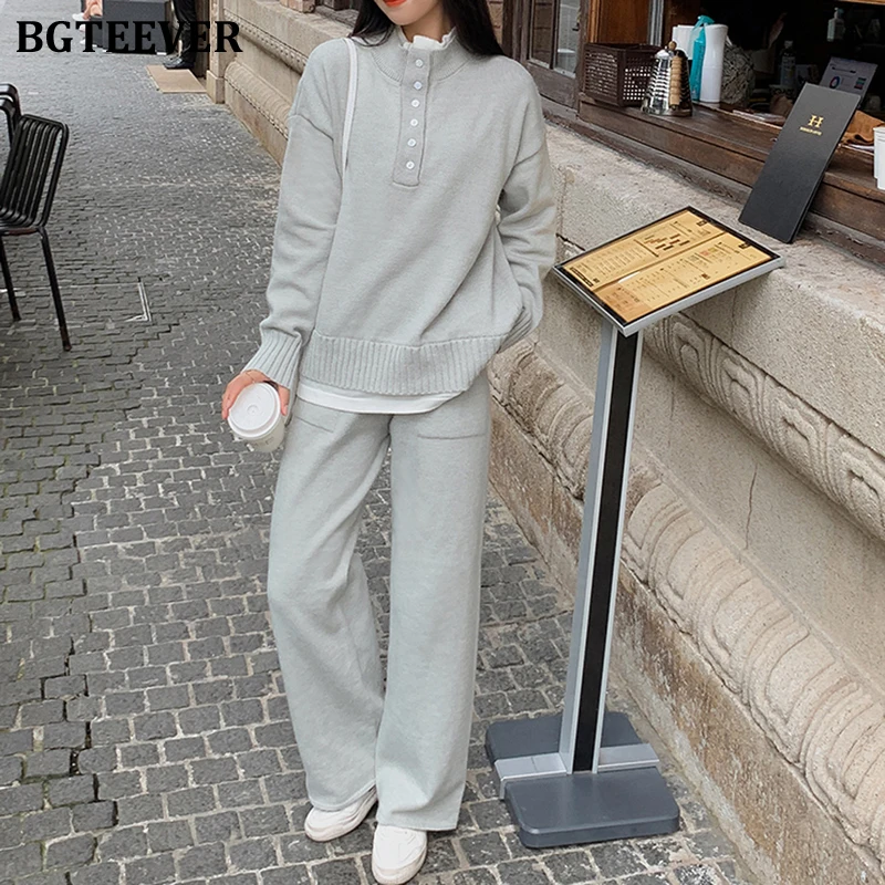 BGTEEVER Stylish Women Knitted Set Full Sleeve Patchwork Pullovers & Wide Leg Trousers Autumn Winter Ladies 2 Pieces Sweater Set