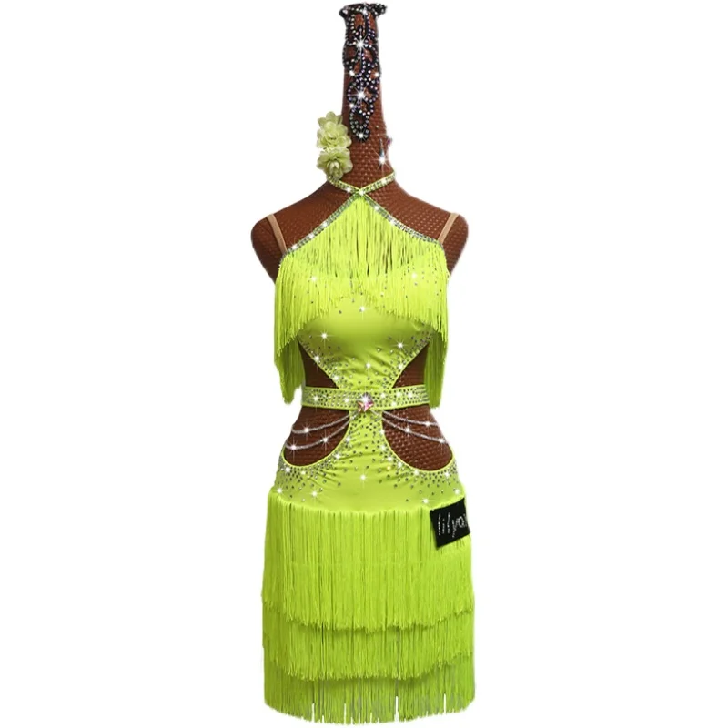 New Latin Dance Performance Dress Adult Custom Fluorescent Green Tassels Open Waist Sexy Design Dance Dress