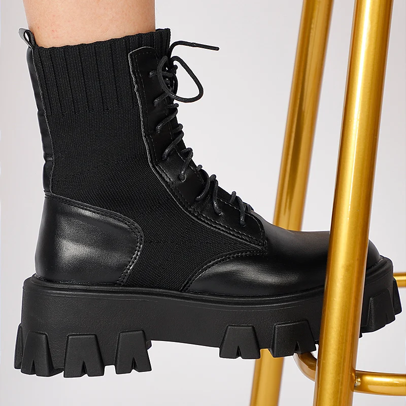 Woman Boots Casual Lace Up Gothic Combat Ankle Boot Woman Shoes Army Black Sock Platform Pu Leather Women Fashion Botas Mujer