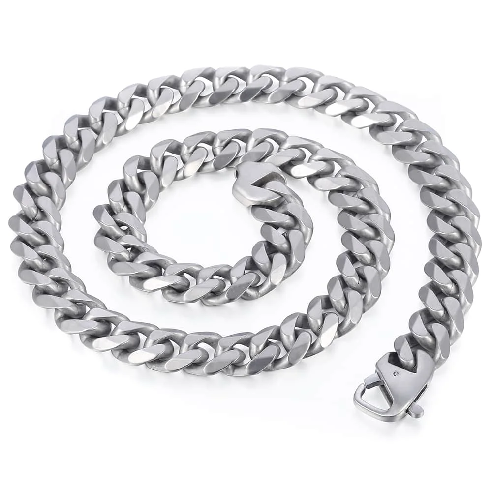 Davieslee Matte Brushed Polished Necklace Mens Chain Cut Curb Cuban Link 316L Stainless Steel Silver Color 15 mm DHNM18