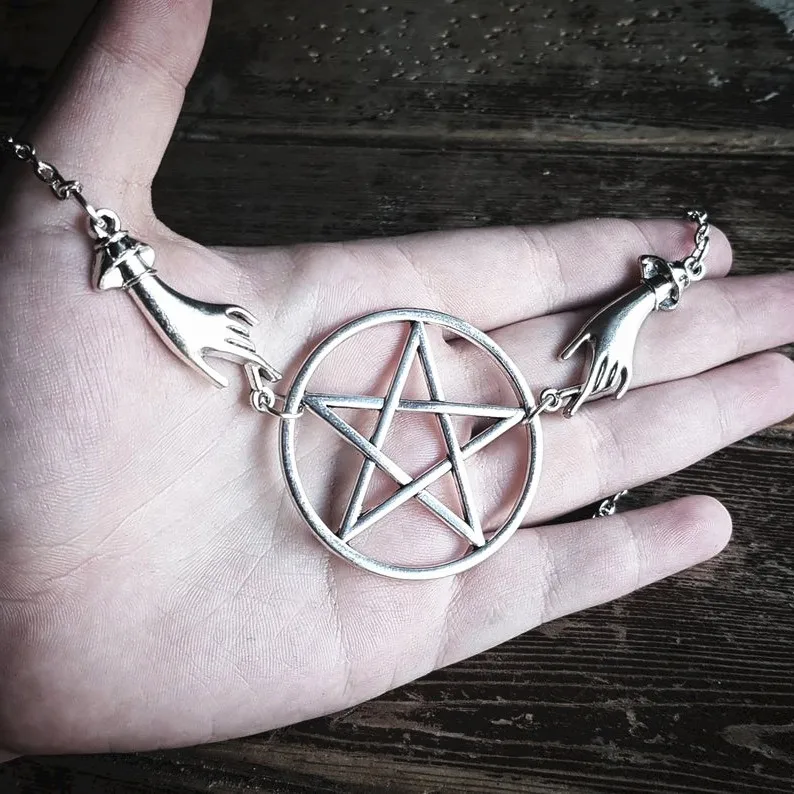 Silver color Tone Pagan Necklace Alter Inspired Pentagram long Big pendant Gothic classical Occult Dark gift men 2019 fashion