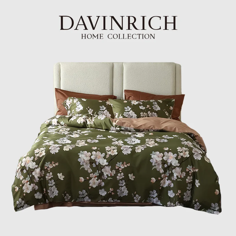 DAVINRICH Japanese Style Bedding Set Yellow Green Sakura Floral Print Ultra Soft 60s Long Staple Cotton Queen Duvet Cover Set