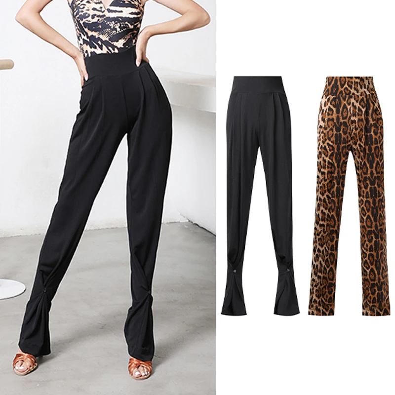 Neue Latin Dance Hosen Frauen Hohe Taille Breite Bein Schwarz/Leopard Latin Praxis Hosen Cha Cha Ballroom Dance Kleidung DNV15012