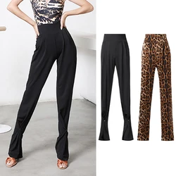 Pantalones de baile latino para mujer, pantalón de cintura alta, pierna ancha, negro/leopardo, para práctica latina, Cha, Ropa de baile de salón, DNV15012