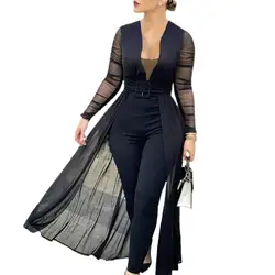Jumpsuit Solid Color Skinny Playsuit Women Long Sleeve Sheer Patchwork Waist Tight Belt Overall for Party