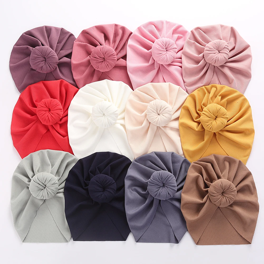 

12Pcs/Set Solid Ribbed Topknot Turban Hats for Baby Boys Girls Sweet Donuts Beanies Striped Thin Caps Bonnet Newborn Headwraps