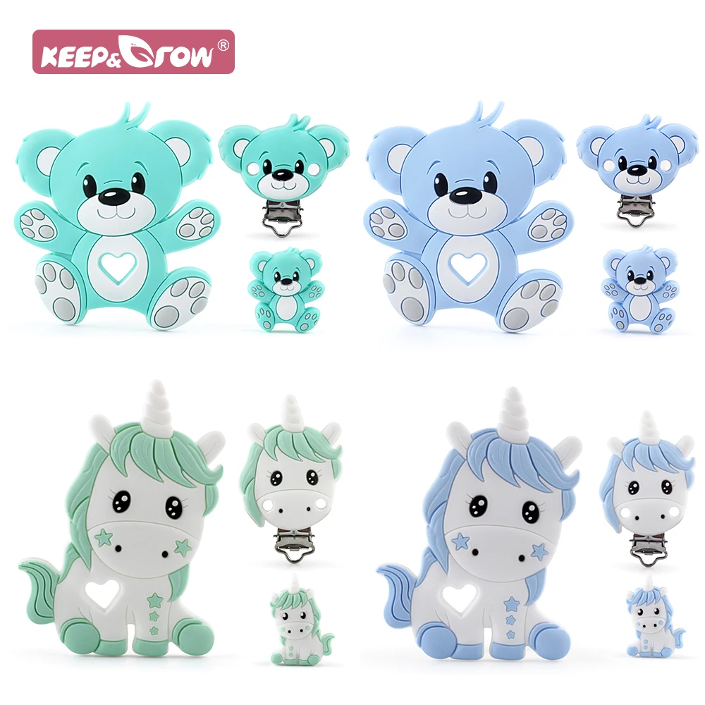 Baby Silicone Pacifier Teether Beads Clips Mini Unicorn Bear Food Grade Baby Chew Teething Nurse Cartoon Animals DIY Dummy Chain