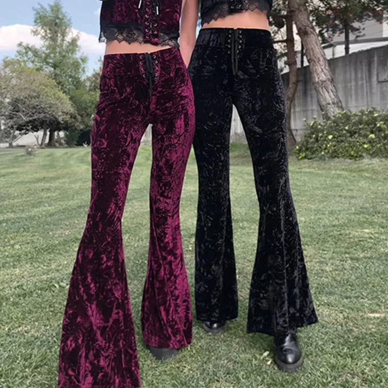 2021 New Goth Black Flare Pants Harajuku High Waist Bandage Pants Vintage Aesthetic Velvet Women Trousers Streetwear Pants