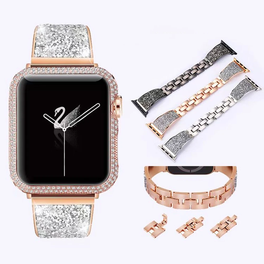 Luksusowy pasek z brokatem dla Apple Watch Band 41mm 40mm 38mm 45mm seria 8 7 SE 6 5 4 3 Bling Crystal bransoletka dla iWatch kobiet