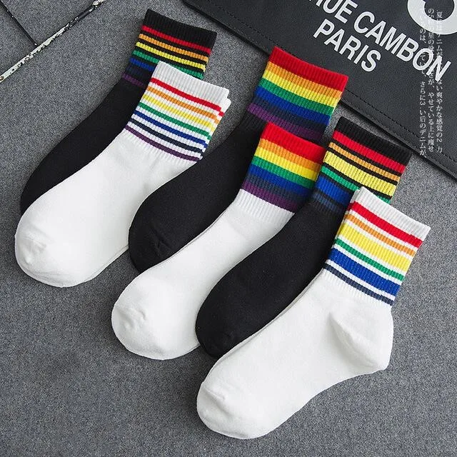 Chaussettes arc-en-ciel Harajuku pour femmes, chaussettes colorées hip hop de rue, style coréen, couleur bonbon, skateboard