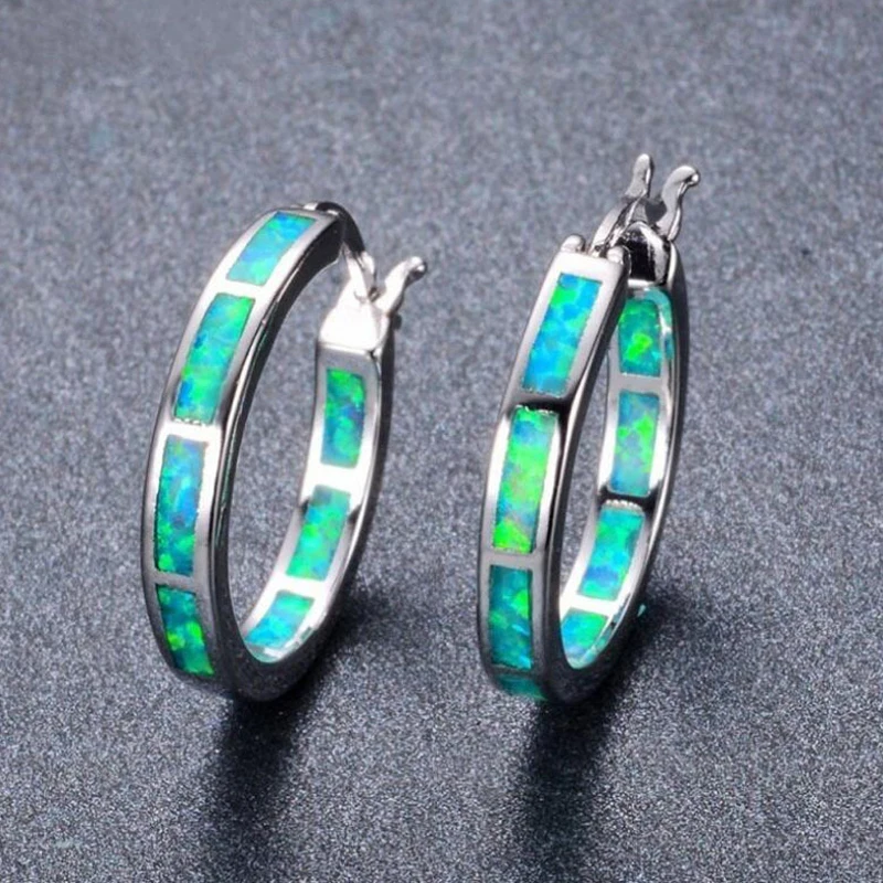 Women Classic Earring Wedding Fashion Jewelry Blue Fire Opal Hoop Earrings 1 Pair