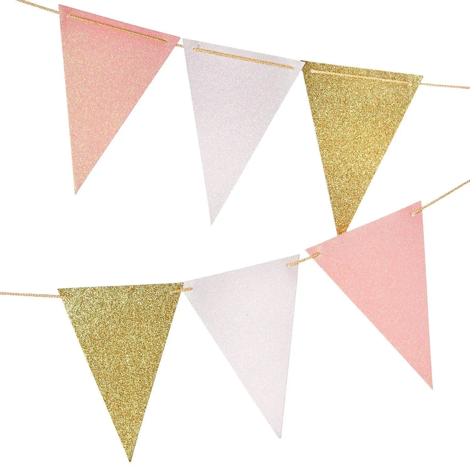 10Ft Pink White Gold Paper Triangle Garland Flag Bunting Pennant Banner for Wedding Bridal Shower Birthday Party Home Decoration