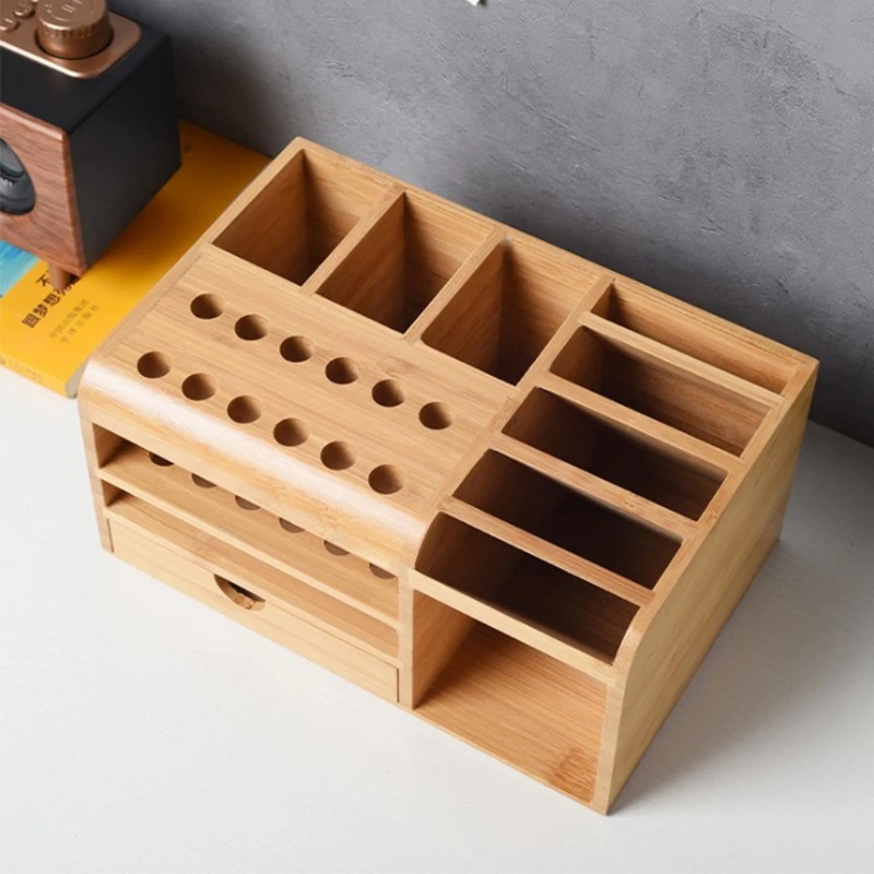 Tool Holder Wooden for Tweezers Screwdrivers Knives Rulers Compartment Storage Shelf Smartphone Remote Control