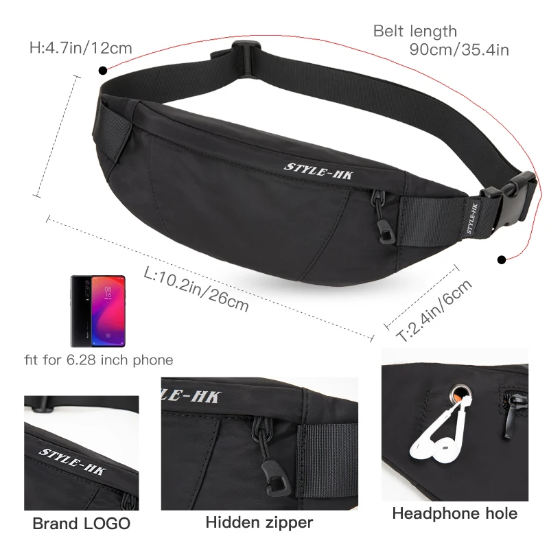 Impermeável preto Fanny Pack para homens, saco de cinto de dinheiro, bolsa masculina, carteira de viagem para adolescentes, sacos de cintura, caixa