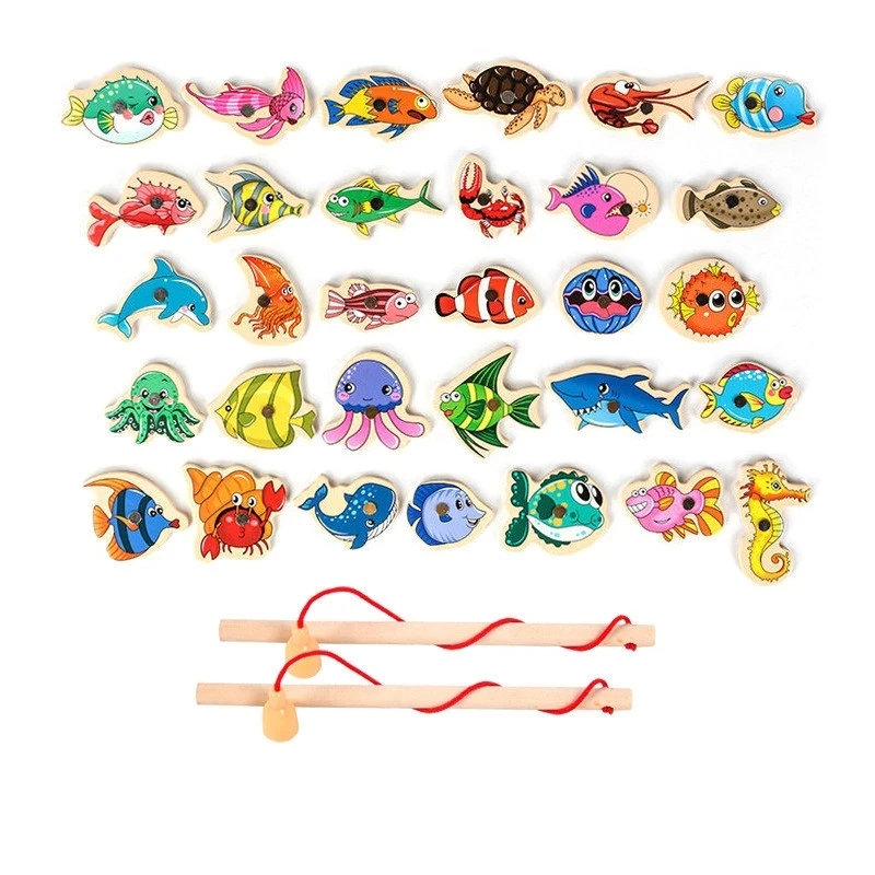 Wooden Magnetic Fshing Game Cartoon Marine Life Cognition Fish Rod Toys for Children Early Educational Parent-child Interactive