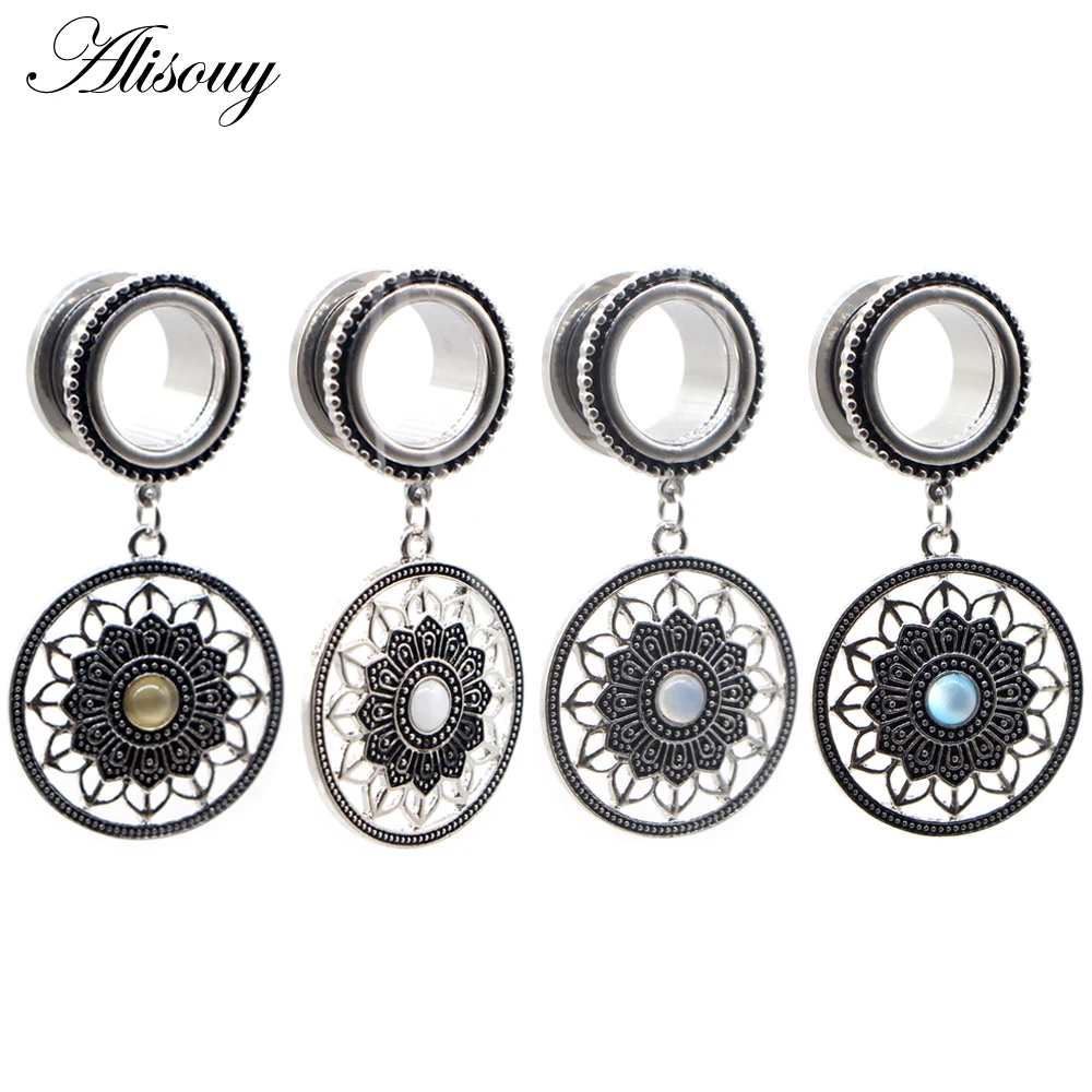 Alisouy 2pcs Stainless Steel Retro Round Flower Opal Dangle Ear Plugs Tunnels Expander Stretched Flesh Piercing Body Jewelry