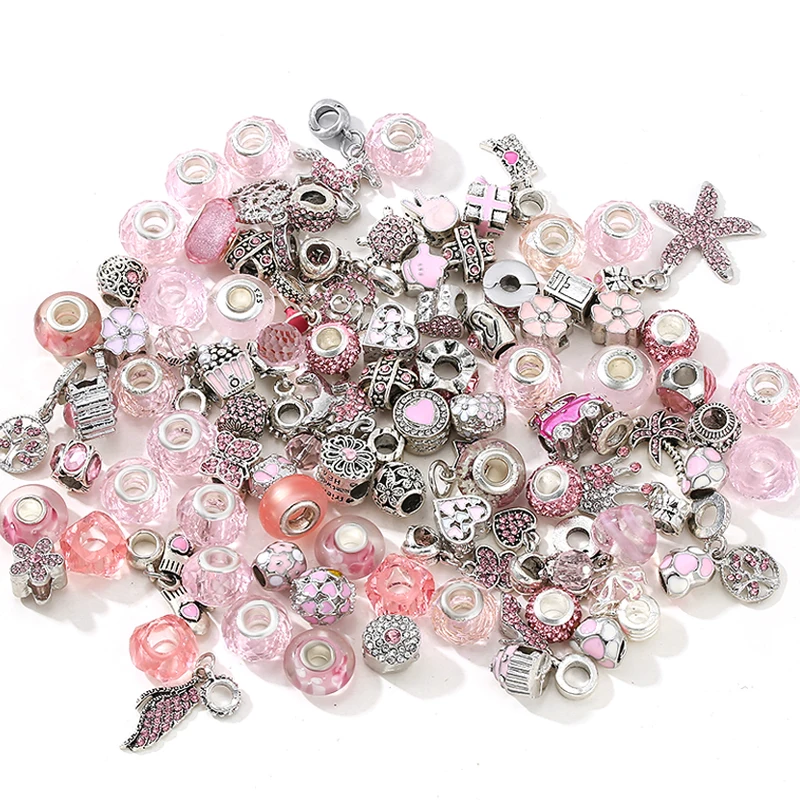 5000 Styles Silver Plated Pink Beads Charms Fit Brand Europe Bracelets Necklace For Women Jewelry Making Mixed Random Delivery