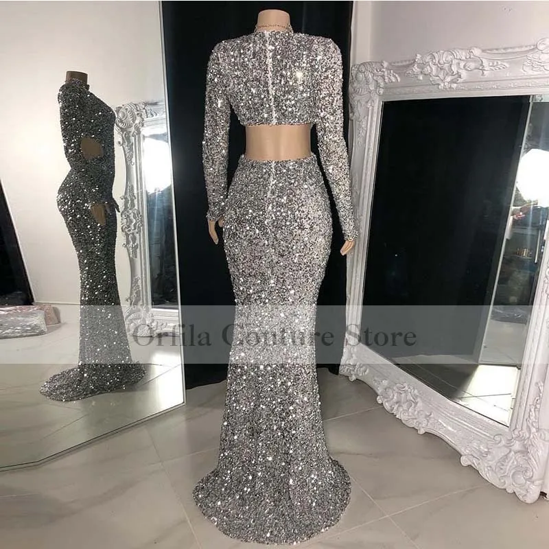 Silver Sequin ชุดราตรีเดรสแขนยาว Mermaid พรหมดูไบคำผู้หญิง2021 Vestidos De Fiesta ประกวด Gowns