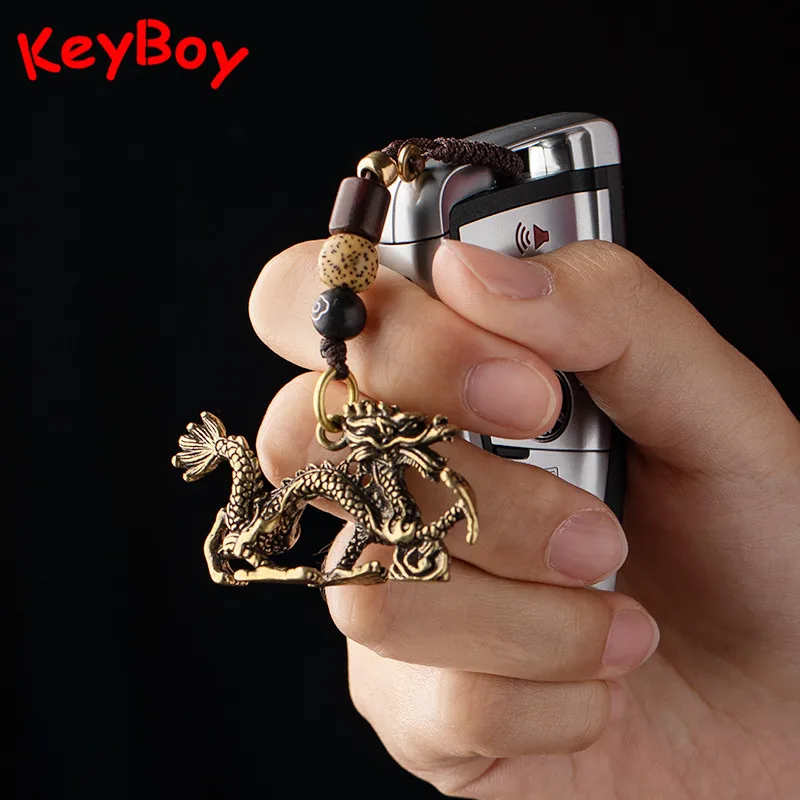 Retro Brass Animal Tiger Figurines Woven Rope Lanyard Car Key Chain Pendant Zodiac Rat Bull Dragon Snake Horse Keyring Hangings