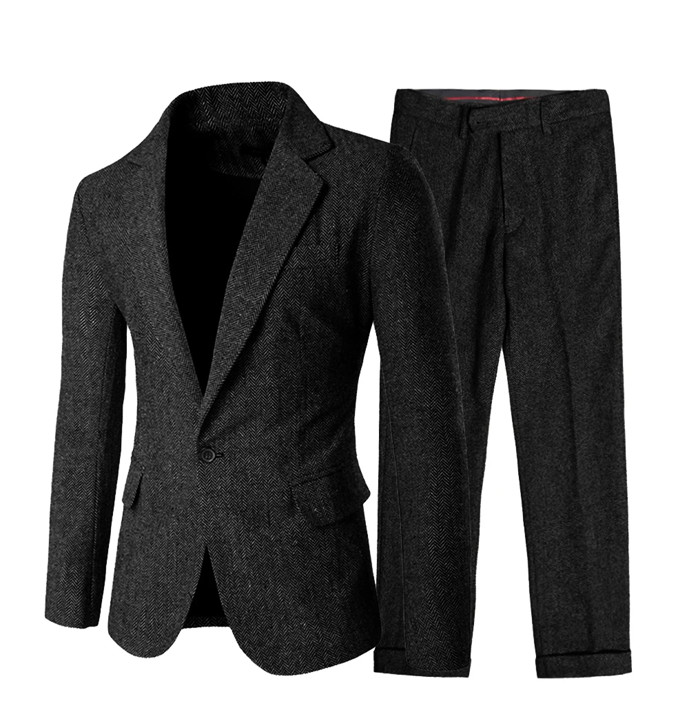 Men’s 2 pieces Silm Fit Bussines Men Suit Herringbone Woolen Cloth For Wedding Groomsmen (Blazer+Pants) Customization