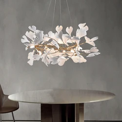 Luxury Ginkgo Leaf Chandelier For Living Room Dining Table Nordic Round LED Tree Branch Chandeliers with White Ceramic Leaves