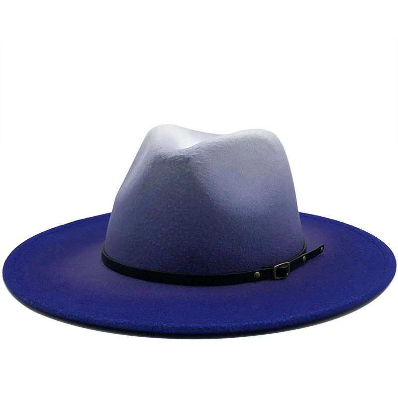 New Women Men Wool Vintage Trilby Felt Fedora Hat With Wide Brim Gentleman Elegant Gradient Royal blue For Lady Winter Jazz Caps