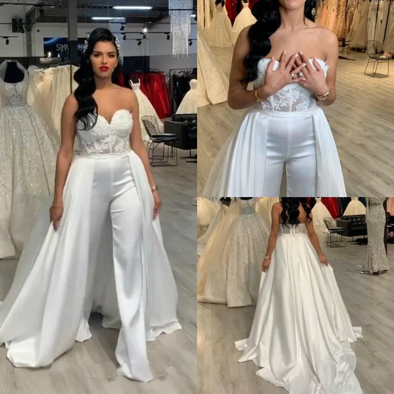 Women Jumpsuits Plus Size Wedding Dresses 2022 Pant Suits Removable Skirt Long Formal Party Gown Applique Lace abiye Bridal Gown