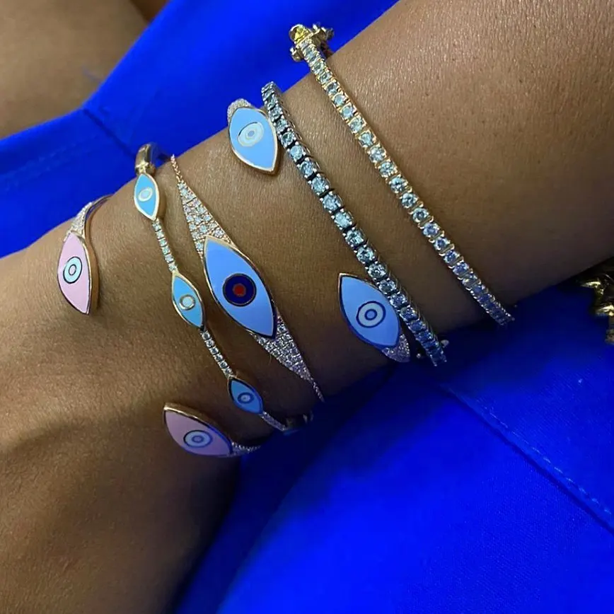 Rose gold metal color pink blue green enamel lucky evil eye open adjustsed wrist cuff bangle for women