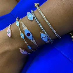 Rose gold metal color pink blue green enamel lucky evil eye open adjustsed wrist cuff bangle for women