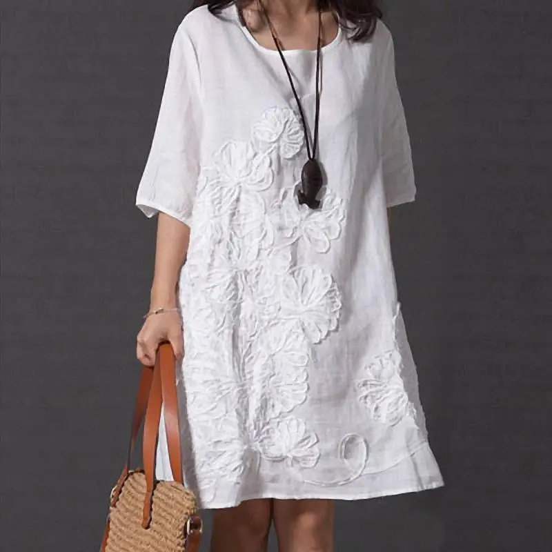 

3xl Dress Women Cotton Linen Casual Loose Shirt Dress Vintage Embroidery Female Half Sleeve Robe Vestidos Summer