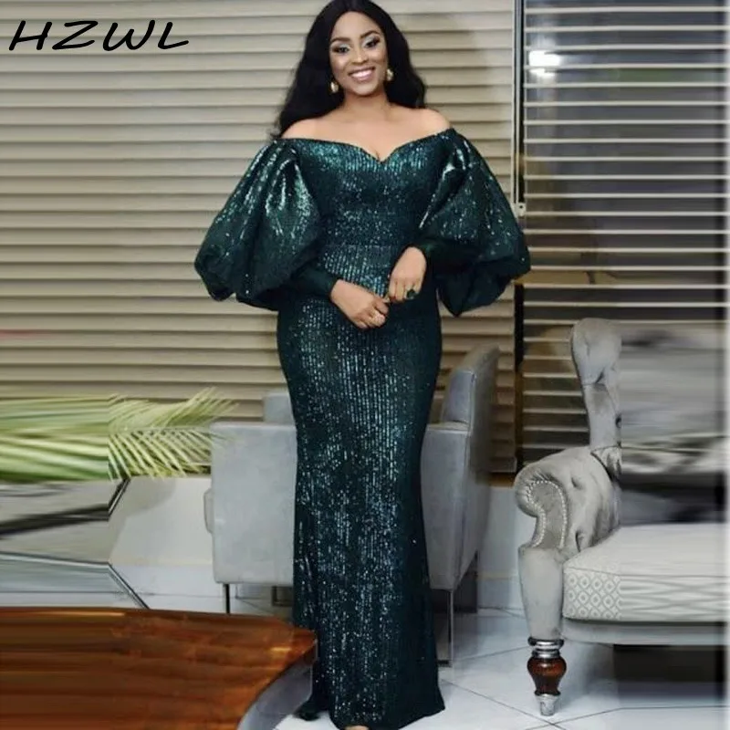 Hunter Plus Size Prom Jurken Uit De Schouder Volledige Mouwen Sequind Mermaid Avondjurken Arabische Dubai Formele Robe De Soiree