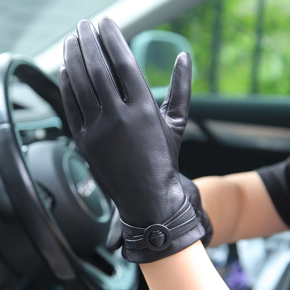 Real Leather Gloves Female Autumn Winter Imported Lambskin Thermal Windproof Black Women Driving Sheepskin Gloves EL061NC