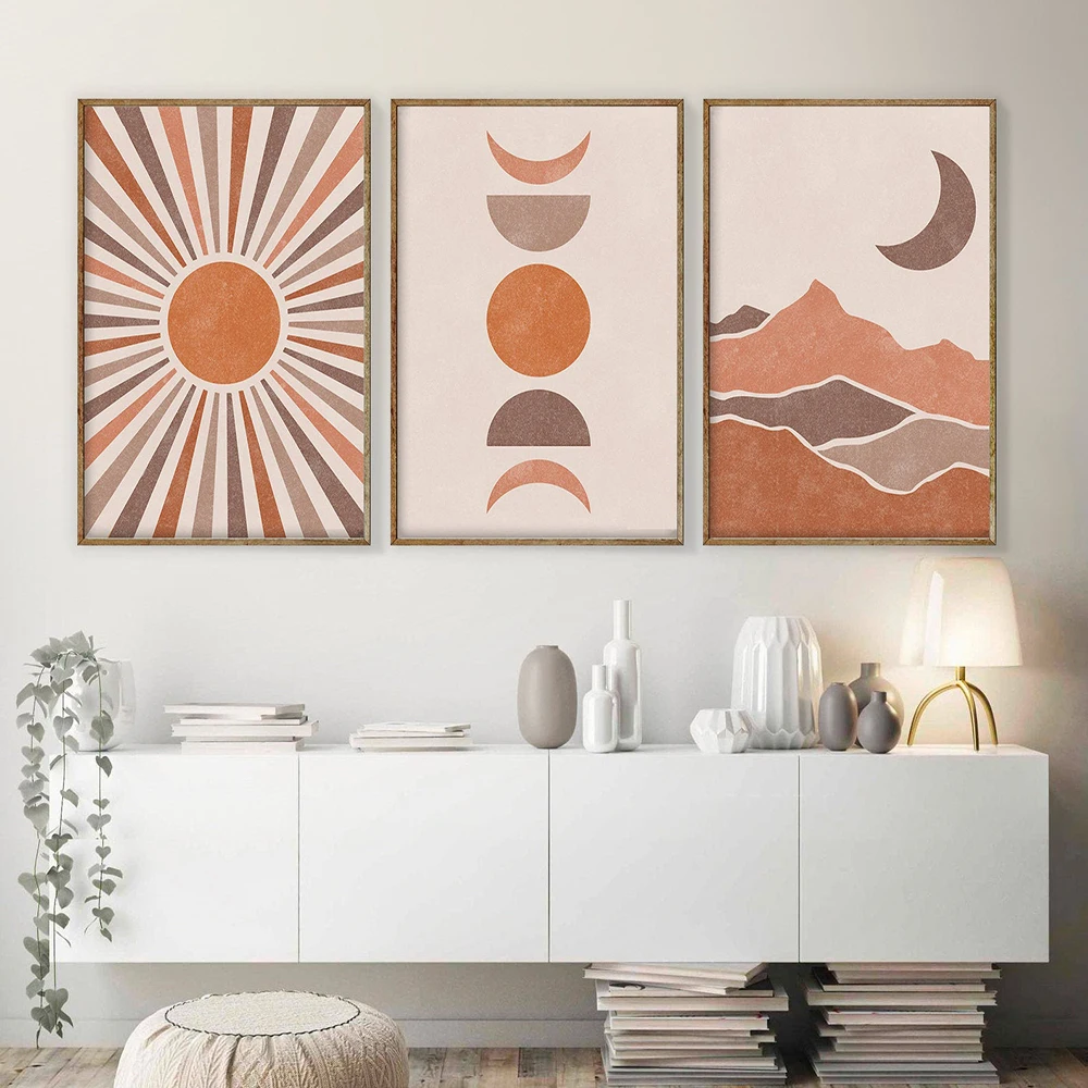 Abstract Burnt Orange Wall Art Canvas Painting Terracotta Sun Moon Minimalist Mid Century Modern Geometric Poster Prints Decor