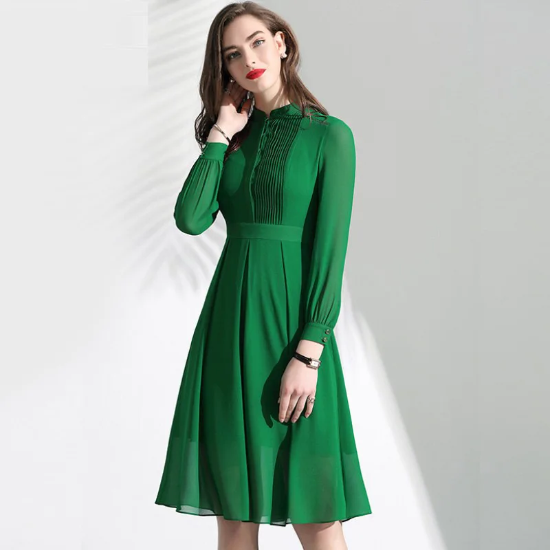 Imagem -04 - Vestido Grande de Chiffon Feminino Manga Comprida Cintura Plissada Verde Fino Maré Novo Outono Maré 2023 de Alta Qualidade