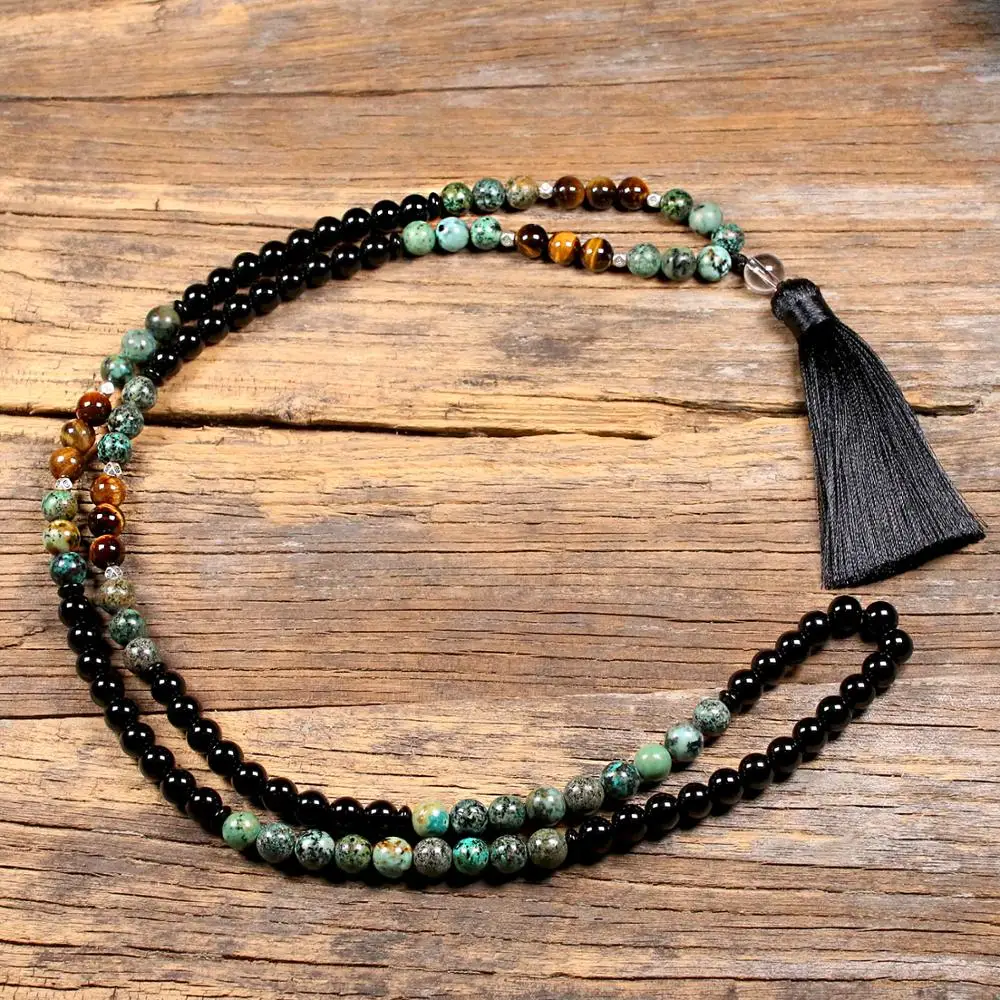 Natural Tiger Eye Stone 108 Japamala Beads Necklaces For Women Black Onyx Yoga Mala Tassel Long Necklace Men Jewelry 8MM