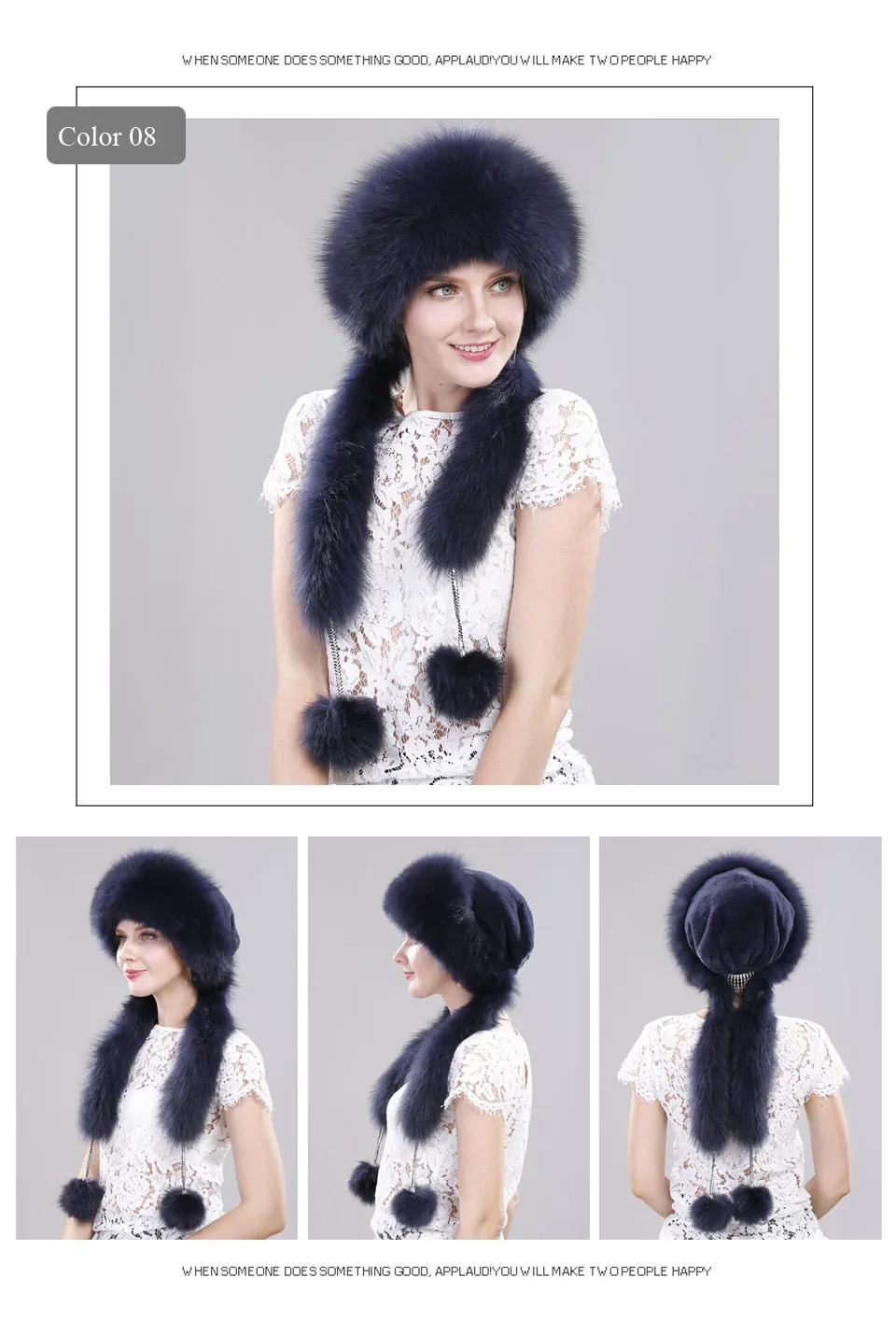 Echte Fuchspelzmütze mit Kaninchenfell-Oberteil, Wintermützen für Mädchen mit langen Pompons, Russische Trappermützen, Bombermützen, Bonnets für Frauen – Detail 12