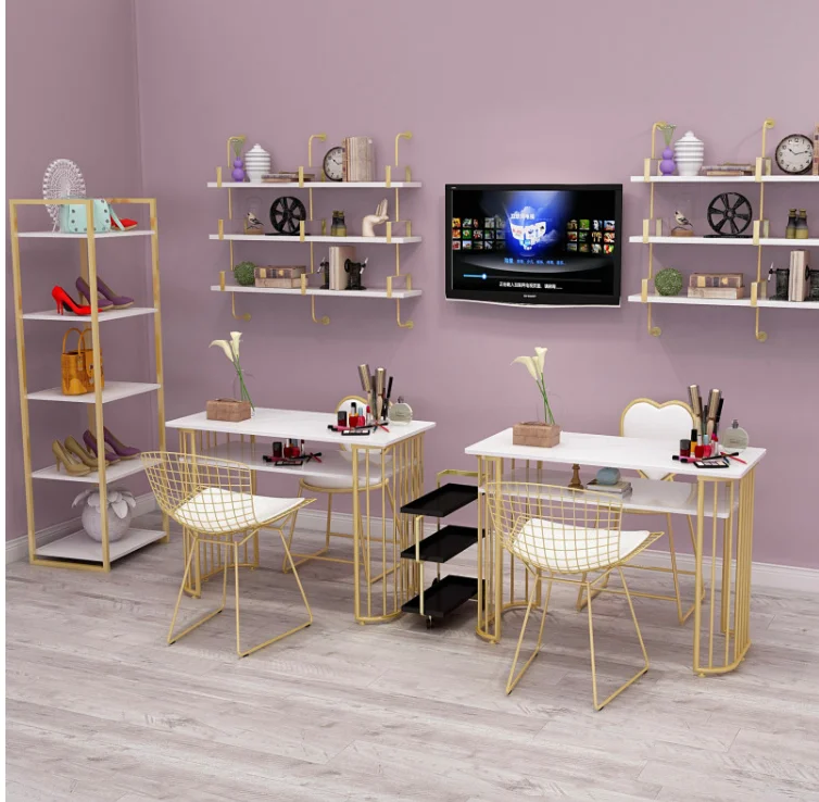 Golden Marble Nail Table and Chair Single Double Table Manicure Table Nail Shop Table and Chair Set Combination