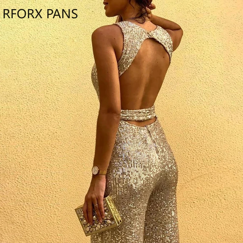 Glitter รอบคอแขนกุด Backless Sequins Jumpsuit