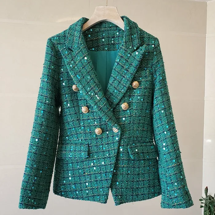 

High-end Sequins Slim Retro Peacock Green Blazer Jacket Women Coat Autumn Lapel Casual Long Sleeve Double-breasted Outwear K3338