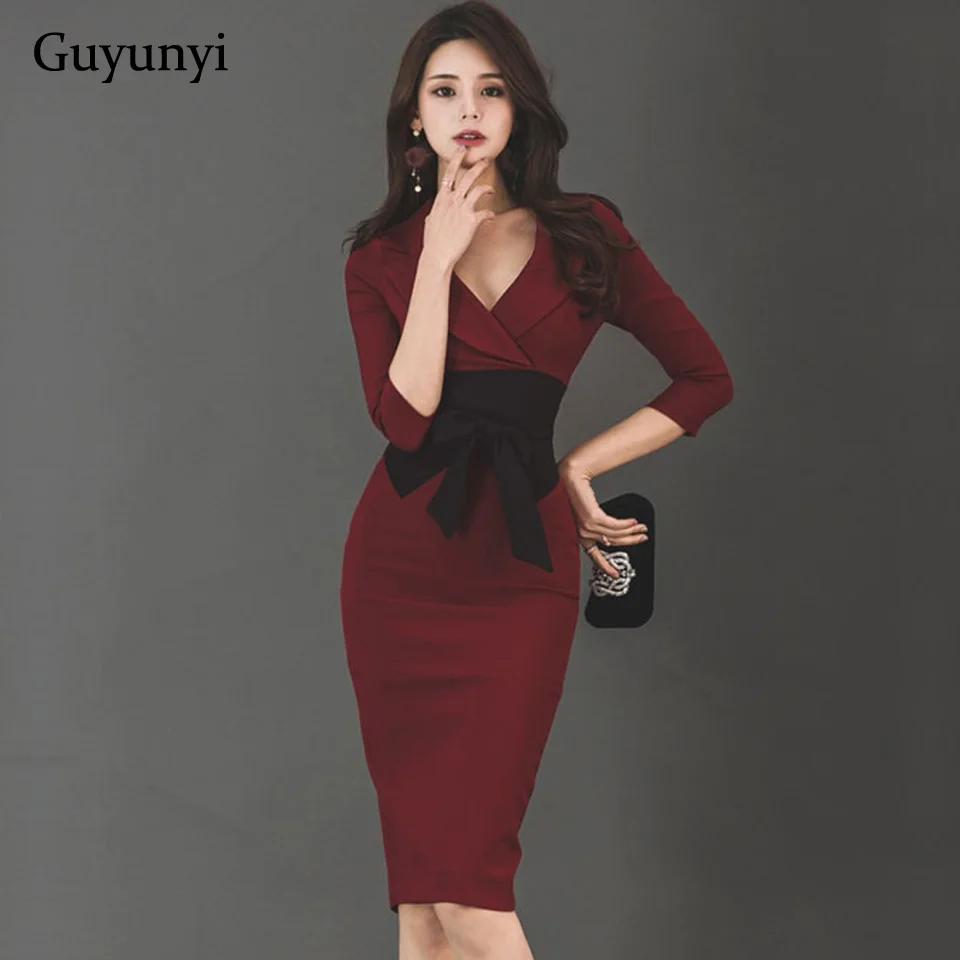 High Waist Tight Dress Spring Wine Red Elegant Office Dress Simple Notched Collar 3/4 Sleeves Temperament Party Dress Women