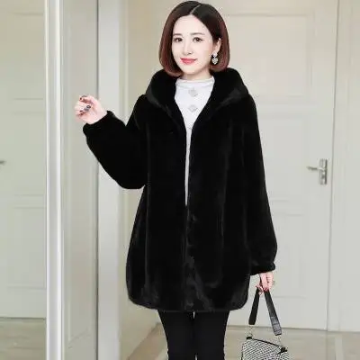 2024 Herbst Winter Nachahmung Nerz Samt Mantel Frauen dicke warme Outwear Kapuze mittellangen Kunst pelz Mantel weibliche Parka d369