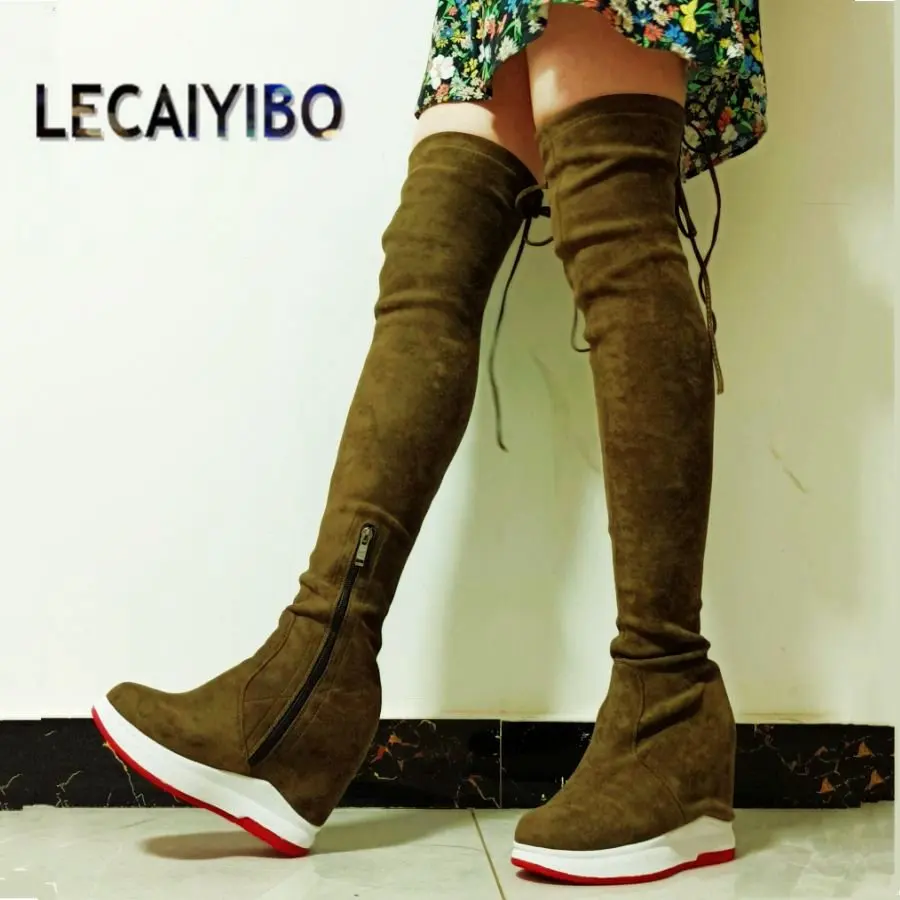 Plus size EUR34-46 Thigh High Fashion Sneaker Women Stretchy Over the Knee Tall Boots Platform Wedges High Heel Pumps