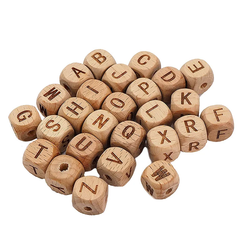 Chenkai 12mm 100PCS Square Wooden Alphabet Beads A-Z Letter beads for Baby Dummy Chewable Nursing Pacifier Chain Accessories