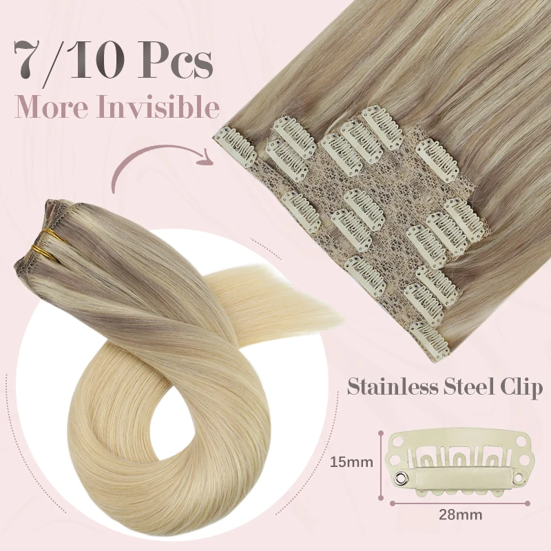 Ugeat Clip In Human Hair Extensions Blonde Color Seamless Invisible Full Head Balayage Soft Remy Hair Extensions For Salon