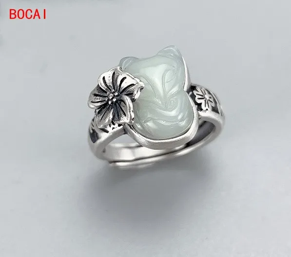 

Vintage big fox ring Hetian Yunan red tail ring index finger 925 sterling silver female ring opening