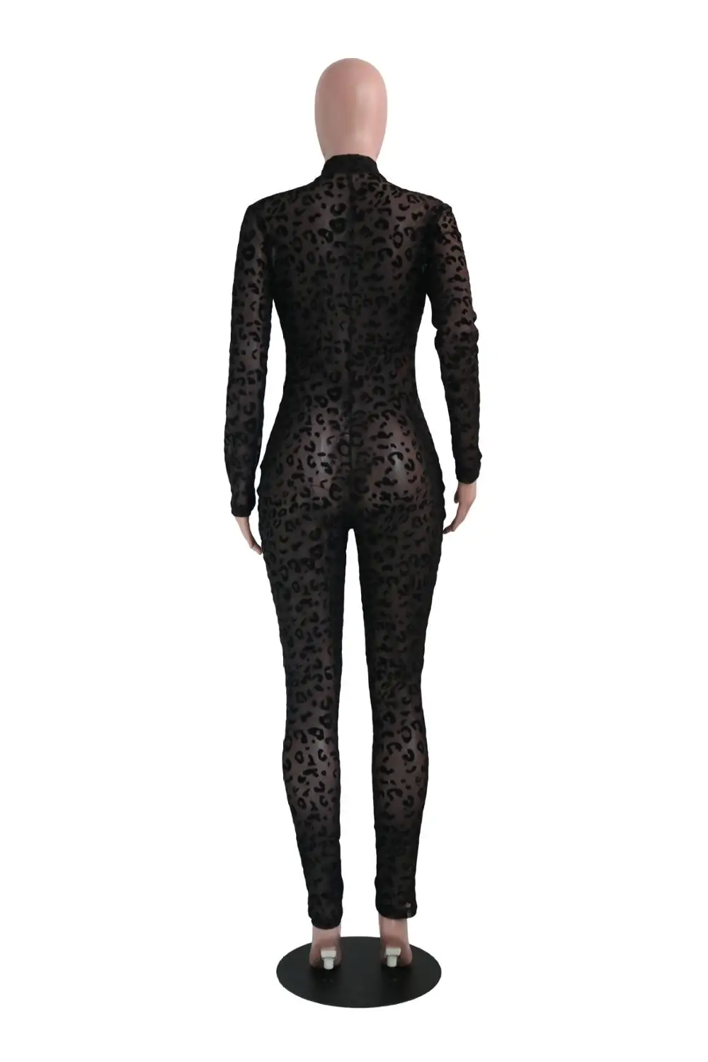 BKLD Womens Jumpsuits 2020 Autumn Black Long Sleeve Leopard Print Bodysuits Club Mesh Zipper V Neck See Through Sexy Jumpsuit